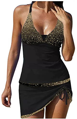Tankini da donna con gonna, costume da bagno sexy con scollo a V, top a vita alta, gonna da spiaggia, costume da bagno per donne con strass