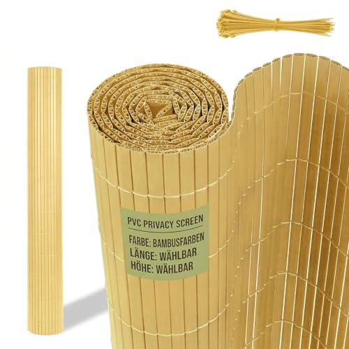 Suusolny PVC Sichtschutzmatte 80x300CM(HxL),Wetterfest Gartensichtschutz W-Struktur Sichtschutzzaun für Außen Garten, Balkon und Terrasse Mit Kabelbindern,Bambusfarben