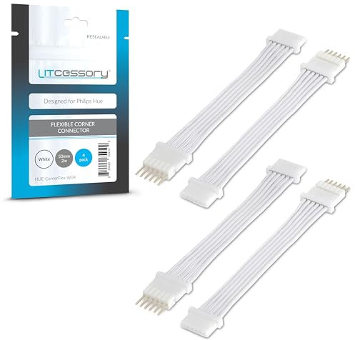 Litcessory Flexible Corner Connector/Extension Cable for Philips Hue/Solo Lightstrip (50mm, 4 Pack, White - MICRO 6-PIN V4 / Solo Lightstrip)