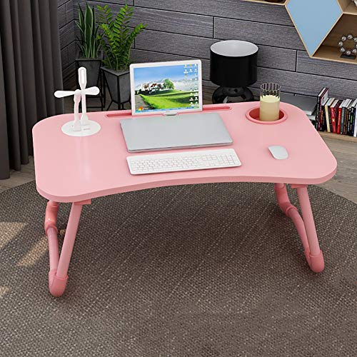 RANHOME Multifunktionellt sängbord för laptop, hopfällbart laptopbord, bärbart sängbricka för laptop, sängbord för laptop med USB/kopphållare och liten present (liten bord, liten fläkt), rosa