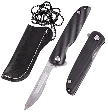 Samior S51 Mini Slim Flipper Folding Scalpel Neck Knife with 10pcs #24 Blades, ABS Handle with Liner Lock, Utility EDC Keychain Pocket Knives with Leather Sheath