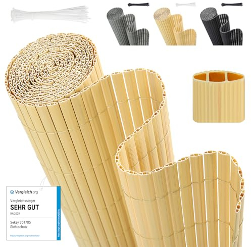 Sekey PVC Sichtschutzmatte 120x500cm Doppelte Verstärkung Innen, Balkon Sichtschutz mit Kabelbindern, Sichtschutzzaun Windschutz Wasserdicht ohne Bohren für Balkon Garten, Bambus