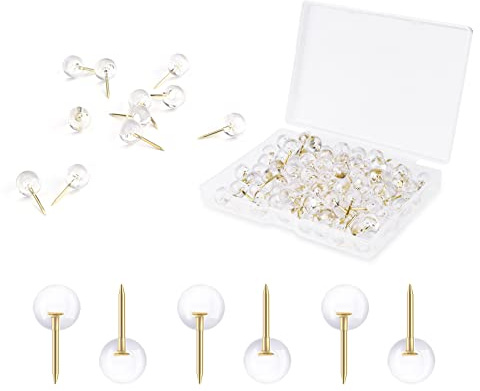 AIEX 100pcs Clear Round Push Pins, Gold Ball Push Pins with Storage Box Round Thumb Tacks Bulk for Daily Study Office Data Storage Organizing Files (Gold)