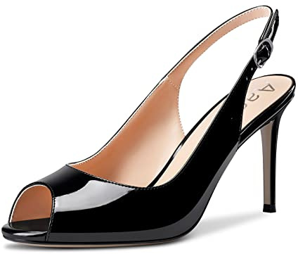 Aachcol Femmes Aiguille Ouvert Bout Escarpins Bloc Chunky Mi Haut High Talon Heel Slingback Lanières Cheville Sandales Dress Chaussures Party Noir Vernis 8.5 CM 38 EU