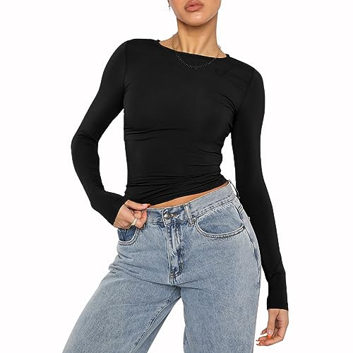 Women's Casual Crop Tops Slim Fit Top Crew Neck Long Sleeve Tight T-Shirt Basic Blouse Tee Tops(Black-8,S)