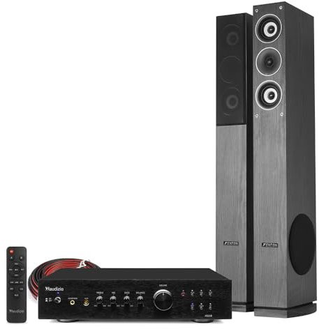 Fenton SHFT52B Floor Standing HiFi Tower Speaker System with Audizio AD220B Amplifier, Bluetooth Wireless Home Stereo System, Powerful 500W Speakers, Subwoofer & Optical Input, Black