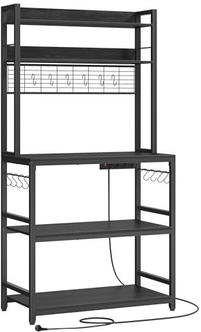 VASAGLE Küchenregal, Standregal mit Steckdosen, Mikrowellen-Regal, mit Gitterplatte, 14 Haken, 40 x 80 x 170 cm, anthrazitgrau-schwarz KKS025B32
