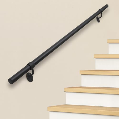 SDNBHT Stair Railing Indoor Metal Hand Rails for Indoor Stairs 1.5 Pipe Stair Aluminum Wall Mounted Indoor/Outdoor Handrail for Steps Black Industrial Handrail for Stairs 4ft