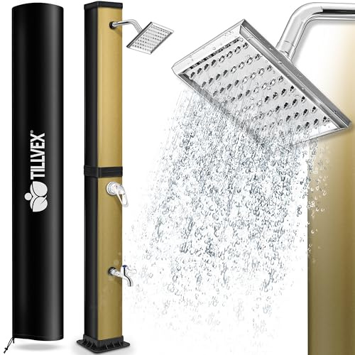 tillvex Doccia Solare con Coperchio di Protezione, Doccia da Giardino a energia Solare, per Piscina, Senza Collegamento di Alimentazione, con Rubinetto (Nero/Oro, 40 Litri)