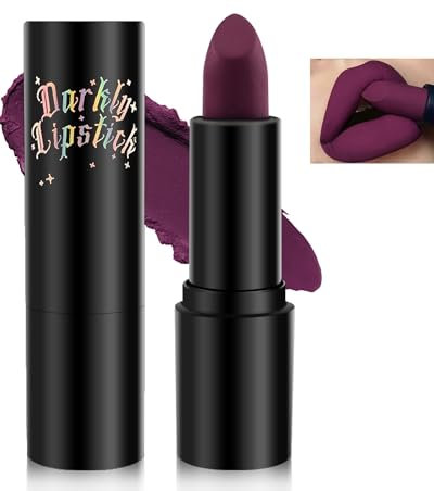 Matt Dunkelviolett Lippenstift, Seidig Cremige Textur Lippenstifte, Feuchtigkeitsspendender Lipstick Wasserfest, Long-lasting Moisture, Hochpigmentiert Vegan Tinted Lip Balm Makeup für Halloween-04