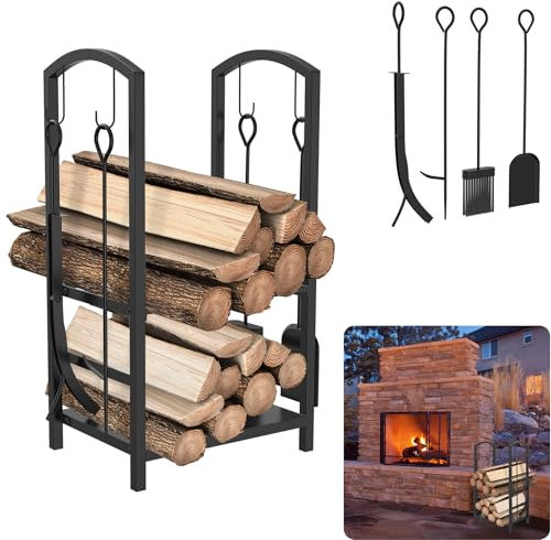 MAYTIIMO Étagère à bois de cheminée avec 4 ustensiles de cheminée, étagère à bûches en fer forgé, étagère en bois pour l'intérieur et l'extérieur, 2 niveaux, pour cheminée, poêle à bois, noire