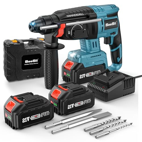 Seesii 3-in-1 Martillo Perforador a Baterías: 2,5J Potente Martillo Percutor sin cable con Motor sin escobillas, 2 * 4,0AH Baterías y Cargador, 5 piezas SDS-plus, Mango Antivibración, Para Bricolaje