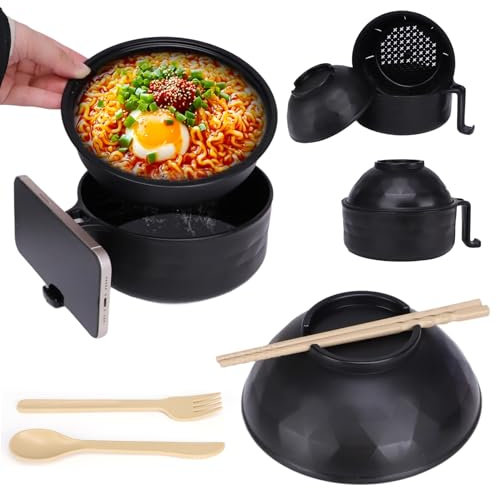 EOAMGO 1200ml Ramen Bowl Set with Lid, Chopsticks and Fork - Portable Microwave Noodle Pot, Large Soup Container with Salad Bowl, BPA Free (Black)