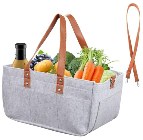 Bolsa de Compra de Fieltro con Compartimentos, 16L Bolsa de Fieltro Plegable con Asa y Correa de Hombro Ajustable, 38 x 23 x 18cm Cesta de Compra para Viajes, Picnic, Juguetes, Compras (Gris)