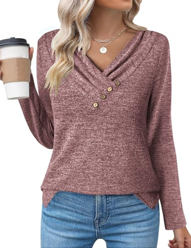 Zeagoo Chemisier Femme Manche Longue Tee Shirt col en V Tunique Pull Chic Et Elegant Haut Décontracté Tshirt