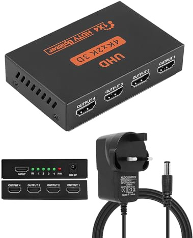 HDMI Splitter 1 in 4 Out 4K@30Hz 4-Way Adapter with 1M UK Power Cable 3D and HDCP Supported for PS3/PS4/PS5 Xbox Fire Stick PC Laptop HDTV Projector (Mirror Only Not Extend) (HDMI Splitter 1 in 4 Out)