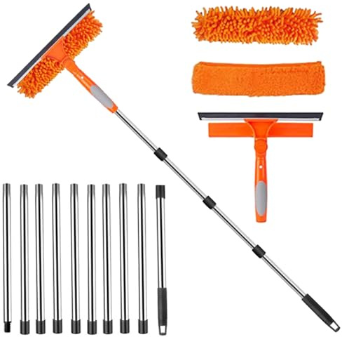 3.9M Window Cleaning Equipment – Window Squeegee Cleaner Tool Kit with 3 Microfiber Cloths, 10 Section Extendable Window Cleaning Poles for High Window Car Glass- Orange
