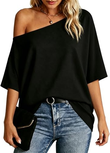 Dressmine Womens Tops Oversized Off Shoulder Summer Top Batwing Shirt Black