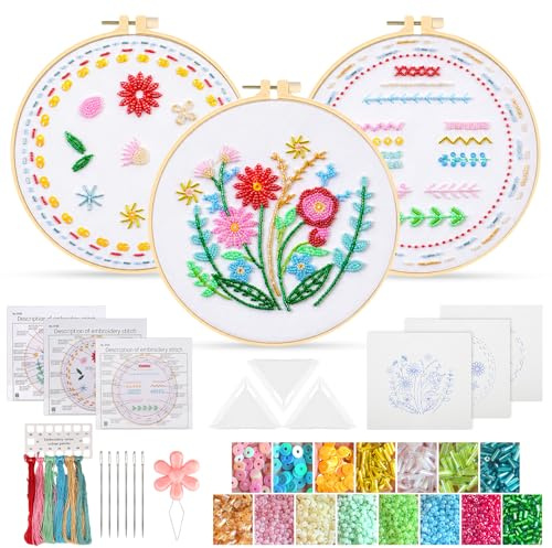 EEEKit Perlen Sticken Set für Anfänger, 3 Sets Stickset für Erwachsene, Stickerei DIY Set mit Reifen Faden Nadeln für DIY Nähen