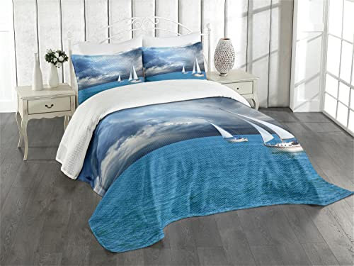 ABAKUHAUS Segelboot Tagesdecke Set, Segeln Nach Gewitterwolken, Set mit Kissenbezügen farbfester Digitaldruck, für Doppelbetten 264 x 220 cm, Blau grau Weiß Blau