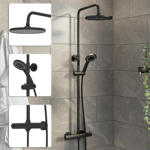 Architeckt® Thermostatic Shower Mixer Set with Rainfall Head Valve Adjustable Riser Rail Handset and Hose Showers Thermostat Round, Matt Black