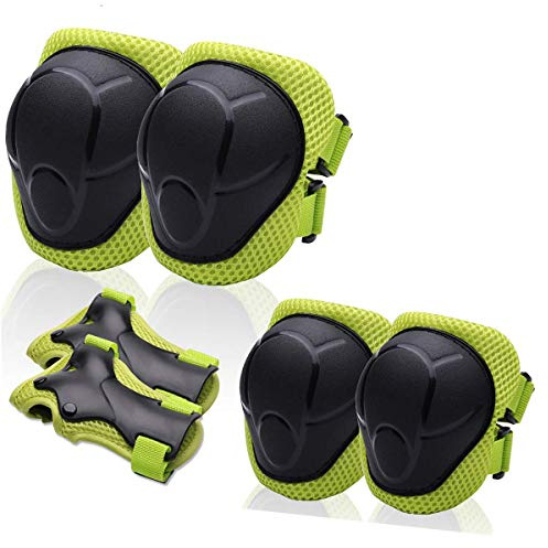 Knieschoner Set Kinder Inliner 6 in 1 mit Tasche, Fahrrad Fussball Ellbogenschützer Schützer Verstellbar Knieschützer, Handgelenkschoner für 3-14 Jahre Teenager Skaten Roller Skateboard (Grün)
