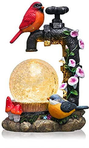 TERESA'S COLLECTIONS Garden Ornaments Outdoor, Red Robin Bird on Faucet with Crackle Glass Ball, Waterproof Resin Robin Bird Ornaments, Robin Gifts, Birthday Gifts for Mum, Indoor Outdoor 21CM