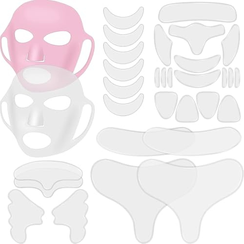 32 Pièces Patchs Réutilisables pour Visage Coussinets en Silicone pour Cou Front Couvertures de Masque Faciaux en Silicone pour Lissage de Visage Poitrine Yeux Bouche(Transparent, Rose)