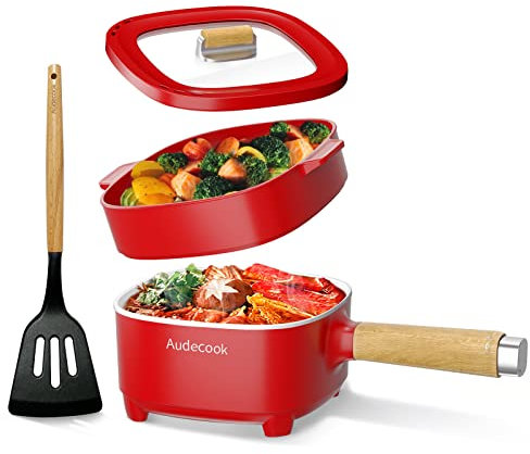 Audecook Poêle à frire électrique avec cuiseur vapeur, poêle antiadhésive en céramique améliorée de, poêle à ramen électrique pour steak, œufs, riz frit (F (rouge / 2l avec cage à vapeur))