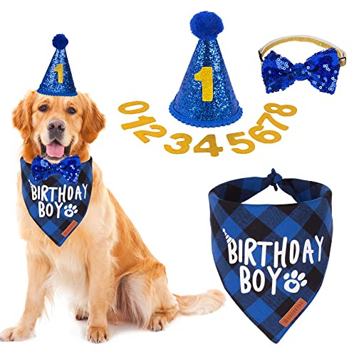 ADOGGYGO Dog Birthday Party Supplies, Multi Size Offered, Blue Dog Birthday Hat Bandana Numbers Bow Set for Large X-Large Dogs Pets (X-Large)