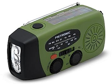 Metronic 477216 Petite Radio FM Solaire Portable Chargement 2000mAh Dynamo - Poste avec Bouton SOS Alarme Urgence - Fonction Torche Eclairage LED pour Camping, Bivouac- Vert