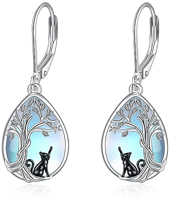 POPLYKE Schwarze Katze Mondstein Ohrringe 925 Sterling Silber Leverback Baum des Lebens Katze Schmuck