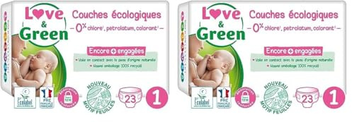 Love & Green - Couches Bébé Saines et Ecologiques - Taille 1 (2-5 kg) - 23 couches - Absorbante, anti-fuites et sans ingrédients indésirables (Lot de 2)