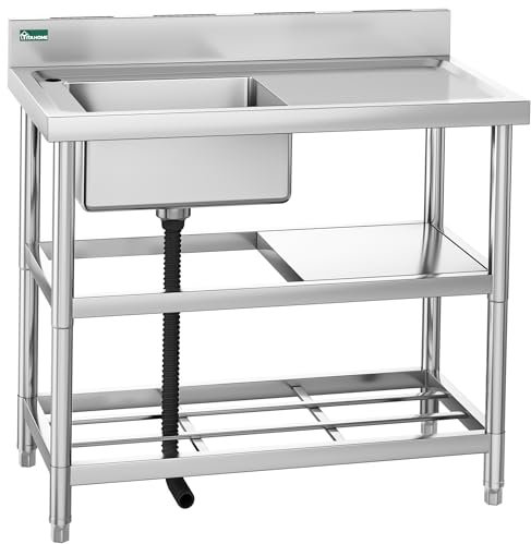 YITAHOME Küchenspüle, Einzelbeckenspüle mit Abtropffläche, Edelstahl-Waschbecken, freistehende Außenspüle mit Arbeitsplatte und Regalen, Catering-Spüle für Restaurant, Küche, Hotel, Bar, Garage