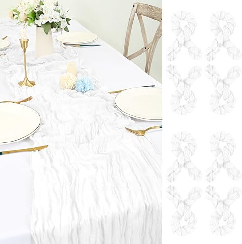 Lot de 8 Chemin de Table en étamine Blanc, 55x300cm Lavable Tissu Chemin de Table Boho pour Mariage Romantique Douche Nuptiale Candlelight Dinner Translucide Gaze Décoration de Table