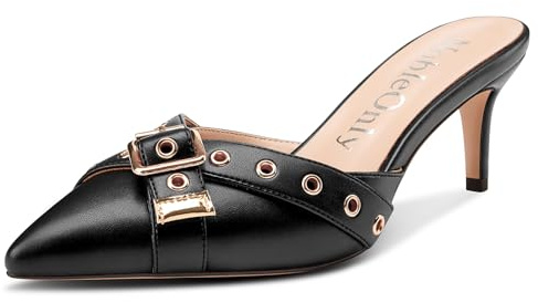 NobleOnly Femmes Mi Kitten Talon Heel Fermé Pointu Bout Mules Chaussures Party Dress Slip-on Escarpins 6.5 CM Heels Noir 43 EU