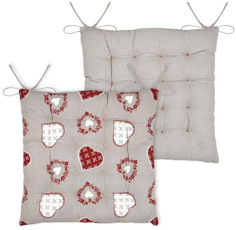 Lovely Casa - Galette de Chaise Coeurs Esprit Chalet en Coton Taupe 40x40 cm