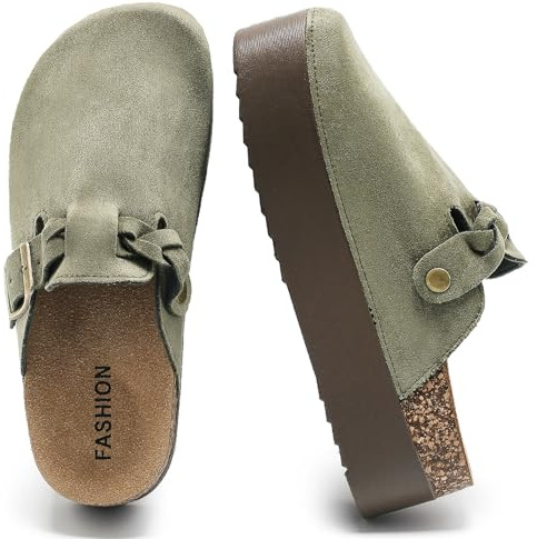 Zuecos De Plataforma para Mujer con Hebilla Ajustable, Pantuflas De Cuero con Plataforma Y Plantilla De Corcho Suave, Sandalias De Ante Semi-Cerradas, Zapatillas De Casa con Suela Gruesa