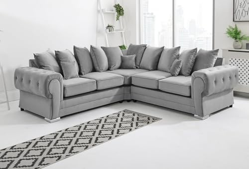 Sofahub Verona Silver Plush Velvet Corner Sofa | 5 Seater Scatterback | Corner Sofa with plush velvet upholstery and scatterback cushions, offering spacious 5 seater comfort for living rooms.