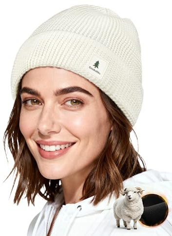 GoSkala Cappello Lana Merino, Berretto Uomo Donna Invernale, Beanie in Maglia Termica, Bianco