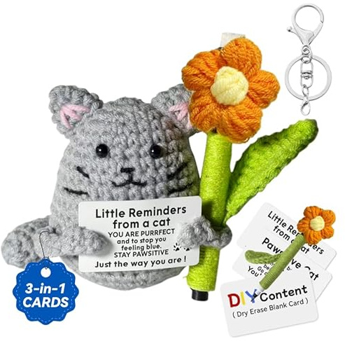 CREEK CLOUD Funny Positive Crochet Cat with 3 DIY Cards and Keychain, Easy to Carry Emotional Support Cute Stuff, Birthday for Women, Men, Family, Friends, Coworkers, College Teachers