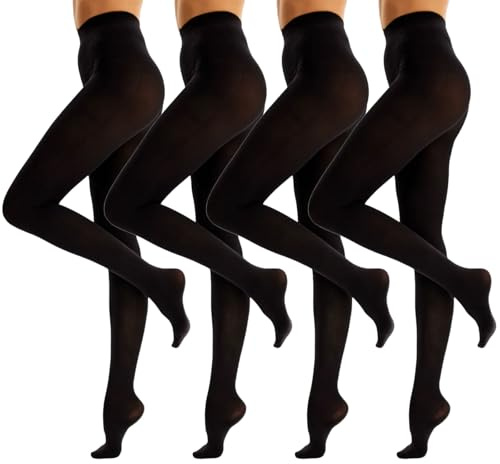 InfiniZer 4 Pairs 50 Denier Black Tights for Women, Soft Stretch Opaque Tights, Control Top High Waisted Ladies Footed Pantyhose