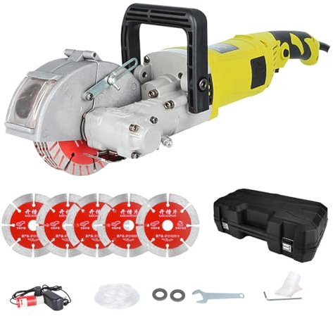 4000W Elektrische Mauernutfräse Schlitzfräse, 7500rpm, einstellbare Tiefe/Breite, 5×125mm Blätter, Wasserpumpe mit 3m Schlauch, Staubfrei mit Absauganschluss, für Beton, Marmor, Ziegel.