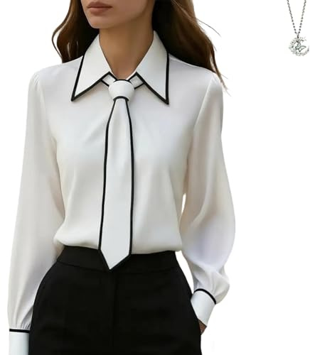 WXDTW Chemisiers habillés en soie pour femmes - Business décontracté - Élégant - Col bénitier - Manches longues - Chemises de travail de bureau en satin - Hauts avec cravate, blanc, M