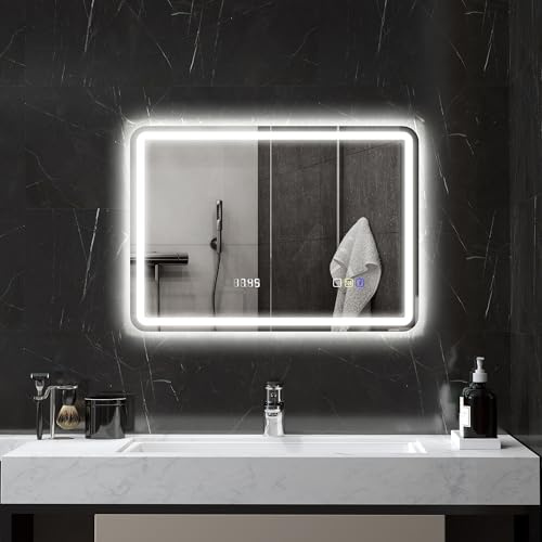 HOMCOM Miroir Salle de Bain Bluetooth avec éclairage LED 50 x 70 cm, Miroir Lumineux Mural, Horloge, antibuée, 3 Couleurs lumière, dimmable, mémoire, Interrupteur Tactile, Verre trempé, IP44, argenté