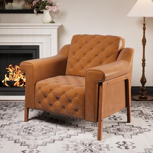 EJUNQ Cozy Accent Chair，PU Leather Modern Living Room Chairs，Mid-Century Office Reading Chair，Single Sofa，Armchair for Bedroom, Apartment, Waiting Room(Brown1)