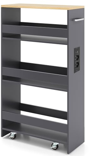 FANTASK 20 cm Narrow Recess Trolley, 4 Tier Kitchen Serving Trolley with Charging Station, Rolling Wooden Shelf with Handle & Railing, Bathroom Shelf for Kitchen & Bathroom (Grey)