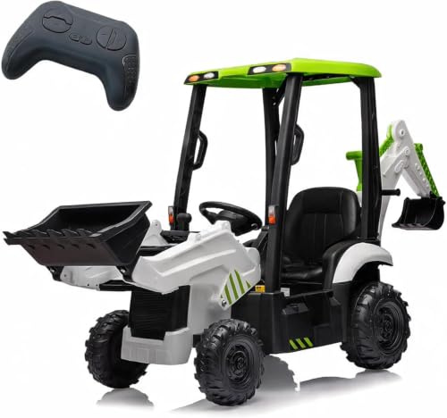 Garvee 12V Tracteur Électrique pour Enfants avec Klaxon, Télécommande 2,4G, 4 en 1 Excavatrice Électrique avec Pelle, Bulldozer, Plafond Amovible, 2-4km/h pour Enfants de 3 Ans+, Blanc