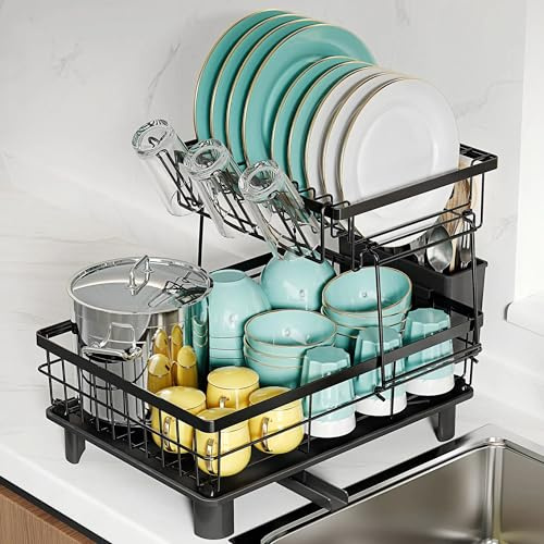 MAJALiS Dish Drainer Rack with Drip Tray, 2 Tier Black Washing Up Drainer for Kitchen Sink, Stainless Steel Dish Drying Rack, Anti Rust Plate and Cutlery Drainers