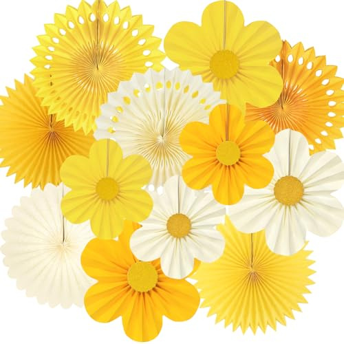Tazuxetuqe Decoraciones de fiesta amarillas, 12 piezas, abanicos de papel con flores, fondo de pared para cumpleaños con tema de girasol, verano, limón, boda, baby shower, celebración, guardería